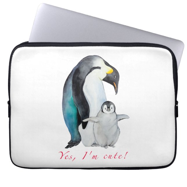 Cute waterverf keperor pinguins laptop sleeve (Voorkant)