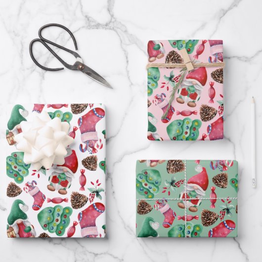 Cute Waterverf kerstgnomen Pattern Inpakpapier Vel (Voorkant)