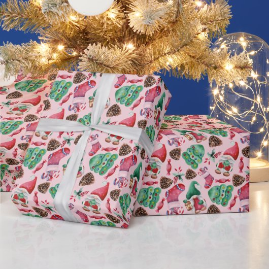 Cute Waterverf kerstgnomen roze Cadeaupapier (Feestdagen)
