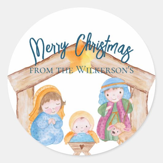 Cute Waterverf Kerstmis Natitivity Scene Ronde Sticker (Voorkant)