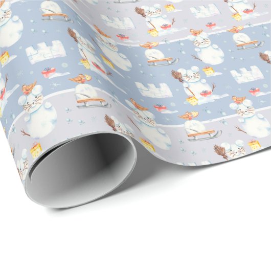 Cute Waterverf Kerstmis Snowman Rats Pattern Cadeaupapier (Rol Hoek)