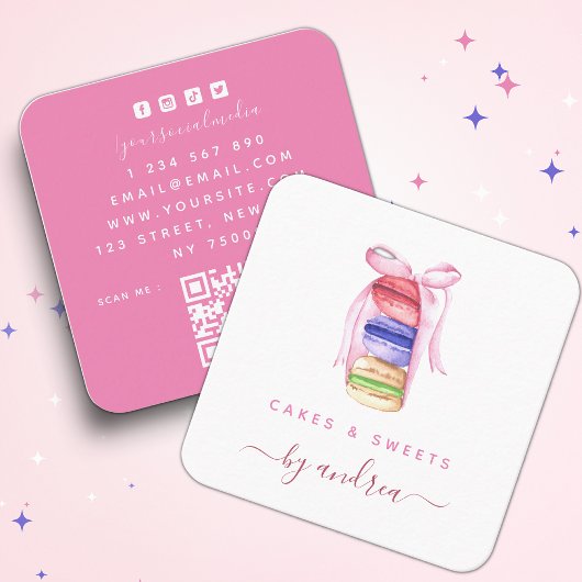 Cute Waterverf Macarons & roze lint QR Code Squ Vierkante Visitekaartje