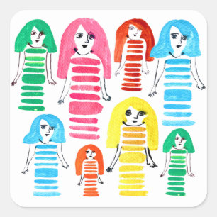 Cute waterverf meisjes funky moderne kunst vierkante sticker