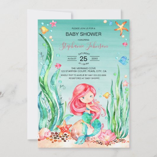 Cute Waterverf Mermaid under the Zee Baby shower Kaart (Voorkant)