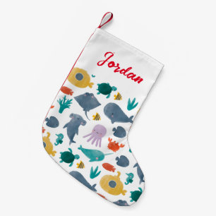 Cute Waterverf Ocean Animals Patroon Kleine Kerstsok