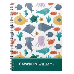 Cute Waterverf Ocean Animals Patroon Notitieboek