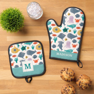 Cute Waterverf Ocean Animals Patroon Ovenwant & Pannenlap Set