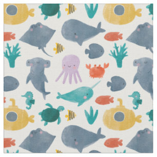 Cute Waterverf Ocean Animals Patroon Stof