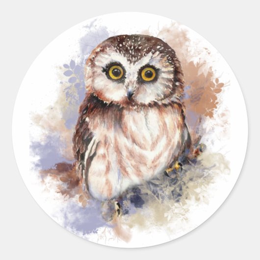 Cute Waterverf Owl Bird Natuur art Ronde Sticker (Voorkant)