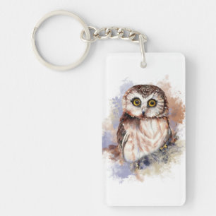 Cute Waterverf Owl Bird Natuur art. Sleutelhanger