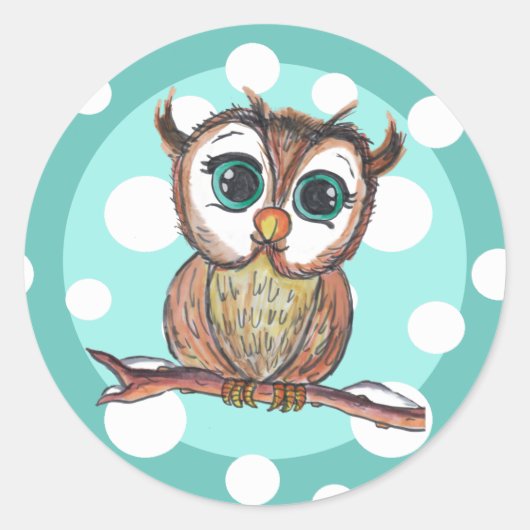 Cute Waterverf Owl met Polka Dots Blauwgroen Ronde Sticker (Voorkant)