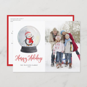 Cute Waterverf Penguin Snow Wereldbol Foto Feestdagenkaart