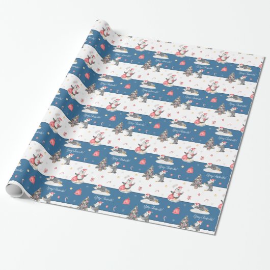 Cute Waterverf Penguins Blue and White Kerstmis Cadeaupapier (Uitgerold)