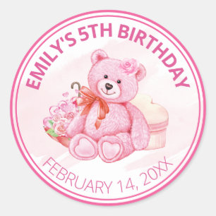 Cute Waterverf Pink Teddy Bear & Flowers Birthday Ronde Sticker