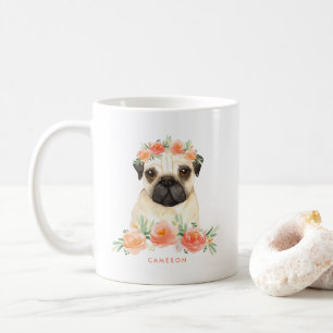 Cute Waterverf Pug Peach Floral Personalized Koffiemok