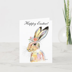 Cute Waterverf Rabbit Bunny Hare Easter Floral Bedankkaart