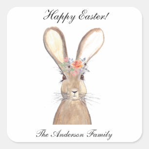 Cute Waterverf Rabbit Bunny Hare Easter Floral Vierkante Sticker