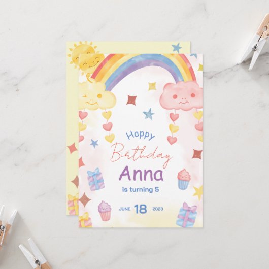Cute Waterverf Rainbow, Sun and Clouds Birthday Kaart (Voorkant / Achterkant in situ)