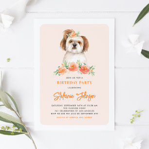 Cute Waterverf Shih Tzu Peach Floral Birthday Kaart