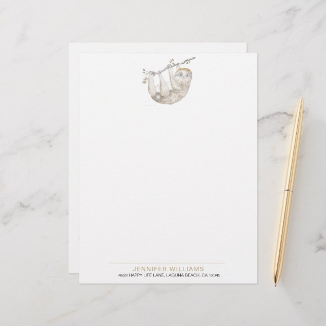 Cute Waterverf Sloth Lovers Letterhead Briefhoofd (Voorkant / Achterkant in situ)
