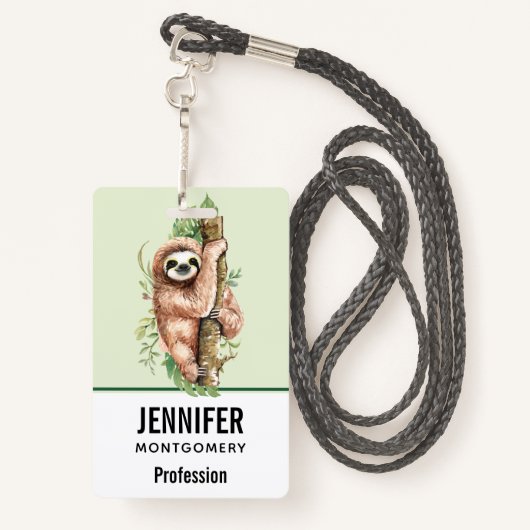 Cute Waterverf Sloth & Tropical Leaves Badge (Achterkant met draagriem)