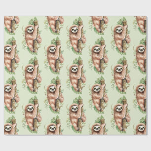 Cute Waterverf Sloth & Tropical Leaves Cadeaupapier