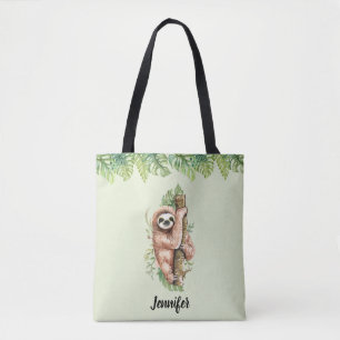 Cute Waterverf Sloth & Tropical Leaves Draagtas