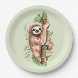 Cute Waterverf Sloth & Tropical Leaves Papieren Bordje