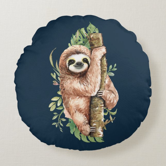 Cute Waterverf Sloth & Tropical Leaves Rond Kussen (Voorkant)