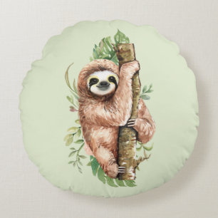 Cute Waterverf Sloth & Tropical Leaves Rond Kussen