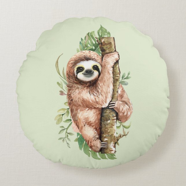 Cute Waterverf Sloth & Tropical Leaves Rond Kussen (Voorkant)