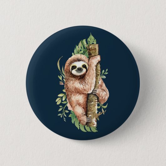 Cute Waterverf Sloth & Tropical Leaves Ronde Button 5,7 Cm (Voorkant)