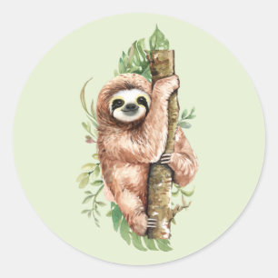 Cute Waterverf Sloth & Tropical Leaves Ronde Sticker