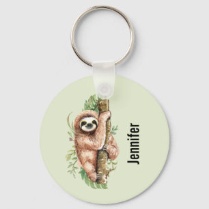 Cute Waterverf Sloth & Tropical Leaves Sleutelhanger