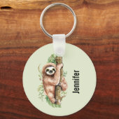 Cute Waterverf Sloth & Tropical Leaves Sleutelhanger (Voorkant)