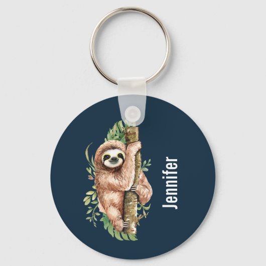 Cute Waterverf Sloth & Tropical Leaves Sleutelhanger (Voorkant)