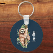 Cute Waterverf Sloth & Tropical Leaves Sleutelhanger (Voorkant)