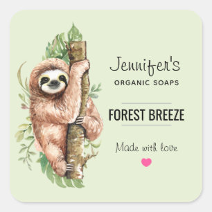 Cute Waterverf Sloth & Tropical Leaves Soap Vierkante Sticker