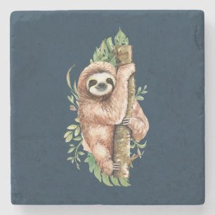 Cute Waterverf Sloth & Tropical Leaves Stenen Onderzetter