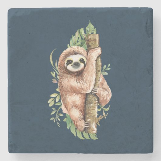 Cute Waterverf Sloth & Tropical Leaves Stenen Onderzetter (Voorkant)