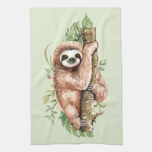 Cute Waterverf Sloth & Tropical Leaves Theedoek (Verticaal)