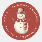 Cute Waterverf Snowman Merry Kerstmis Ronde Sticker (Voorkant)
