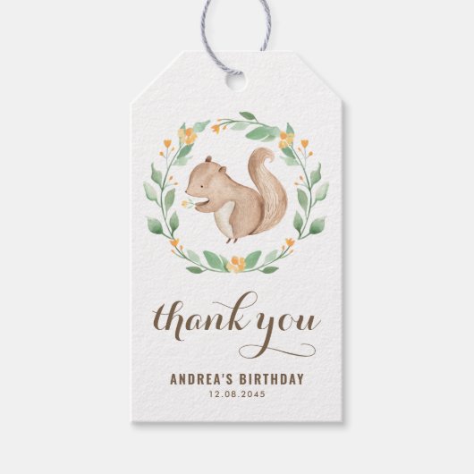 Cute Waterverf Squirrel Greenery Wreath Birthday Cadeaulabel (Voorkant)