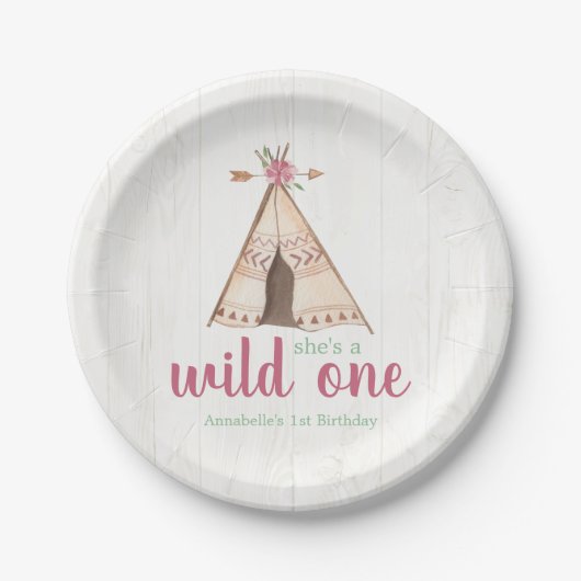 Cute Waterverf Teepee Boho 1e verjaardag Papieren Bordje (Voorkant)