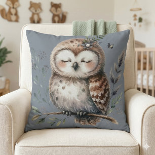 Cute Waterverf Uil met Bloemrijke Bosstijl Kussen
