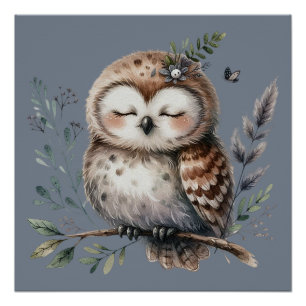 Cute Waterverf Uil met Bloemrijke Bosstijl Perfect Poster