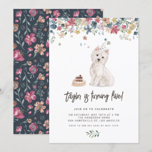 Cute Waterverf Westie Floral Kids Birthday Party Kaart