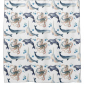 Cute Waterverf Whale/Octopus Shower Curtain Douchegordijn (Voorkant)