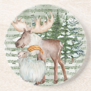 Cute Waterverf Winter Moose en Goat Zandsteen Onderzetter