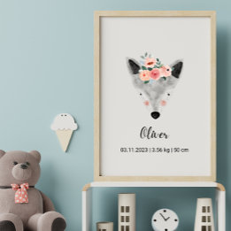 Cute Waterverf Wolf w/Flowers | Boho Nursery Post Poster